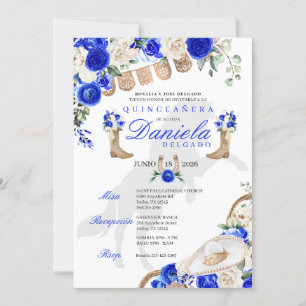 Invitation Bottes bleues et Roses Papel Picado Quinceañera