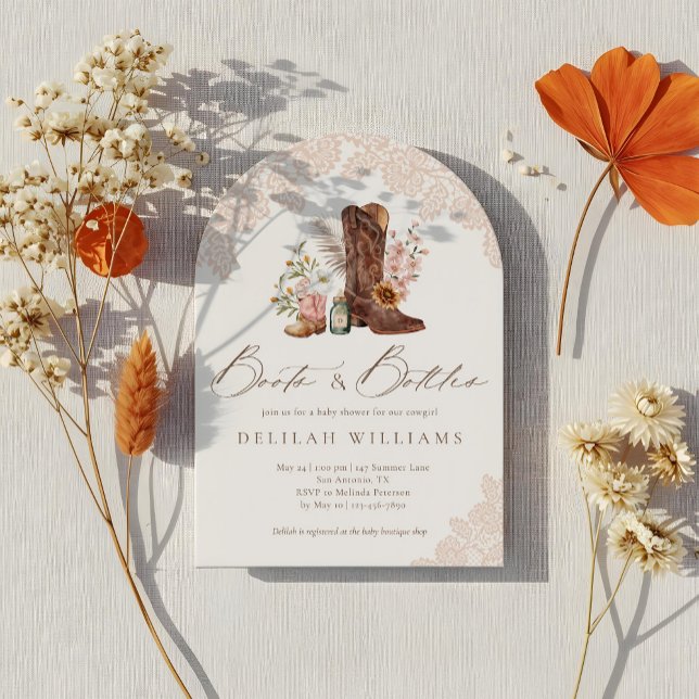 Invitation Bottes & Bouteilles Baby shower Occidental Pink Co (Boots & Bottles Pink Cowgirl Western Baby Shower Invitation)