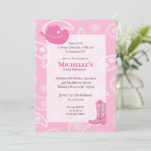Invitation Bottes Casquettes roses Vache fille premier annive