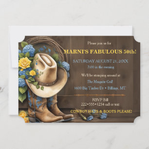 Invitation Bottes de chapeau de cowboy féminin Roses Bois Wes