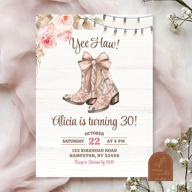 Invitation Bottes de coquette rose florale Anniversaire (Créateur téléchargé)