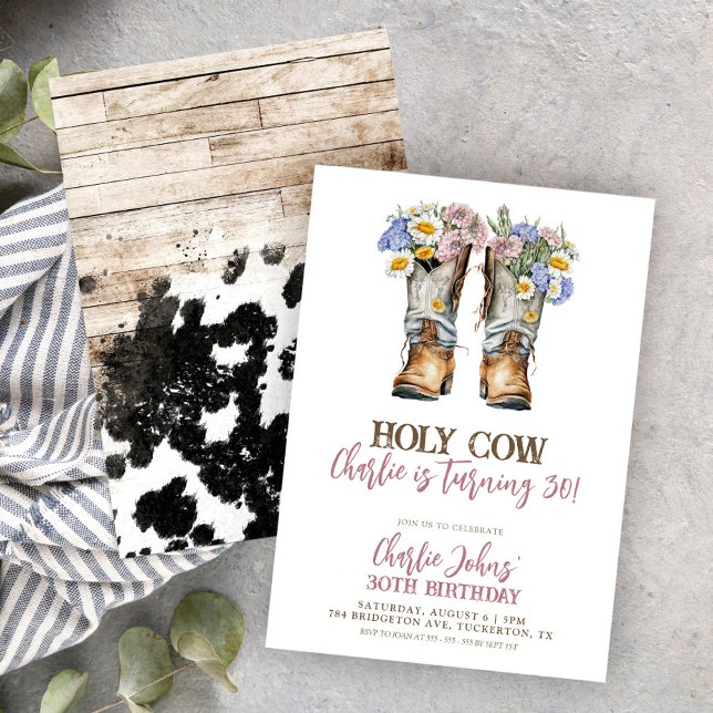 Invitation Bottes de cow-boy florales de la vache Sainte 30e  (Créateur téléchargé)