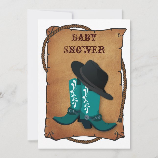 Invitation bottes de cowboy aqua western mommy baby shower (Devant)