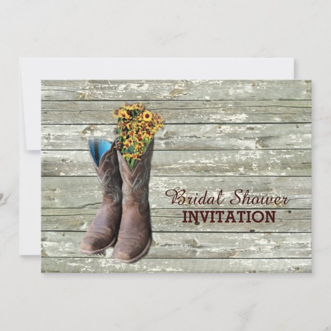 Invitation bottes de cowboy en bois de grange douche nuptiale (Devant)