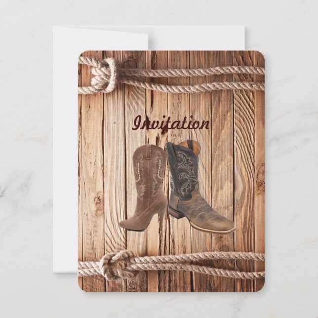 Invitation Bottes de cowboy en bois de grange mariage western (Devant)