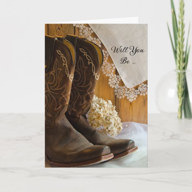 Invitation Bottes de cowboy et dentelle serez-vous ma servant (Devant)