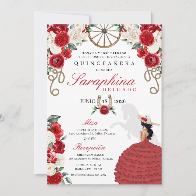 Invitation Bottes de cowgirl de l'Ouest rouge et Quinceañera  (Devant)