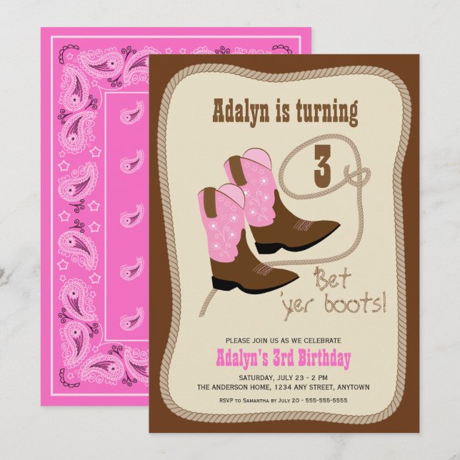 Invitation Bottes de cowgirl | Fête d'anniversaire de l'Ouest (Devant / Derrière)