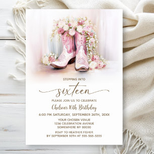 Invitation Bottes de cowgirl florales roses pour une fête d'a