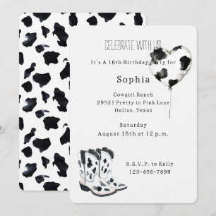 Invitation Bottes de cowgirl noir blanc vache ballon annivers