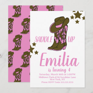 Invitation Bottes de Cowgirl Thème Cheval Anniversaire Rose