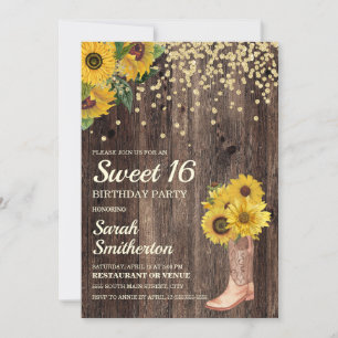 Invitation Bottes de soleil rustiques Paillettes Douce 16e an