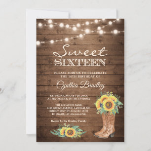 Invitation Bottes de tournesol rustiques Sweet sixteen de fil