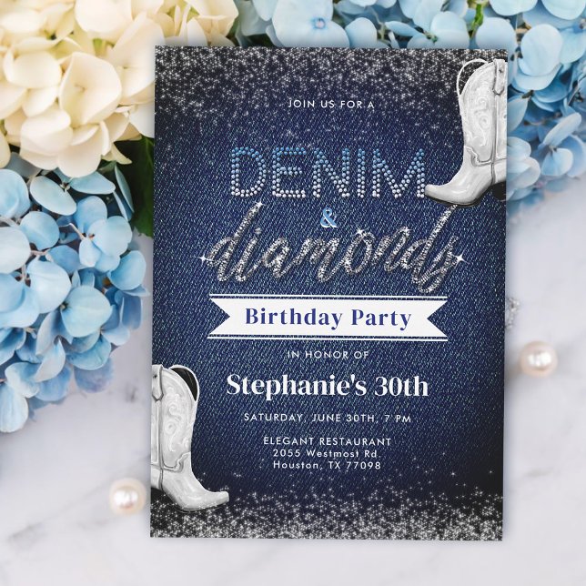 Invitation Bottes Denim Diamonds Blue Jeans Chic 30e annivers (denim and diamonds birthday invitation cowgirl boots white blue elegant classy modern 30th)