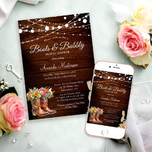 Invitation Bottes en bois rustique et douche de mariée occide