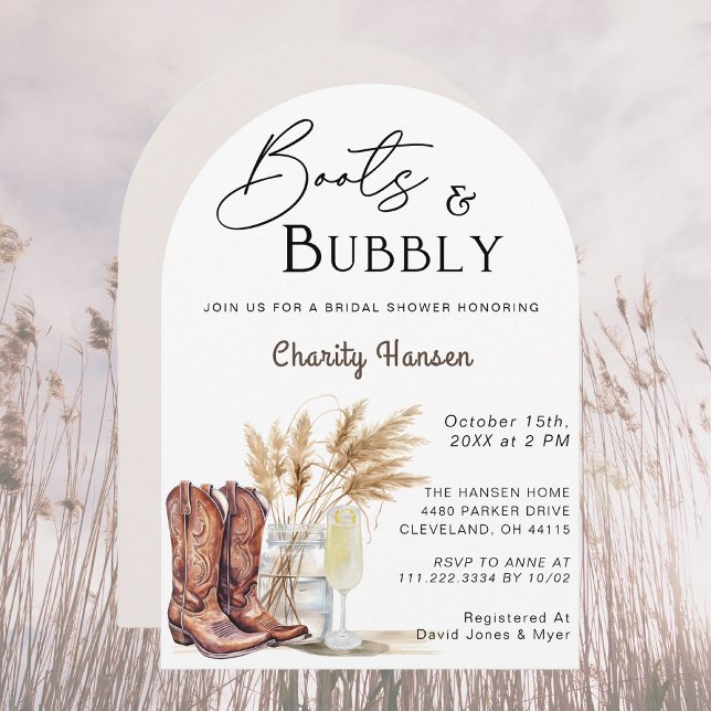 Invitation Bottes Et Bubbly Boho Pampas Fête des mariées Gras (Créateur téléchargé)