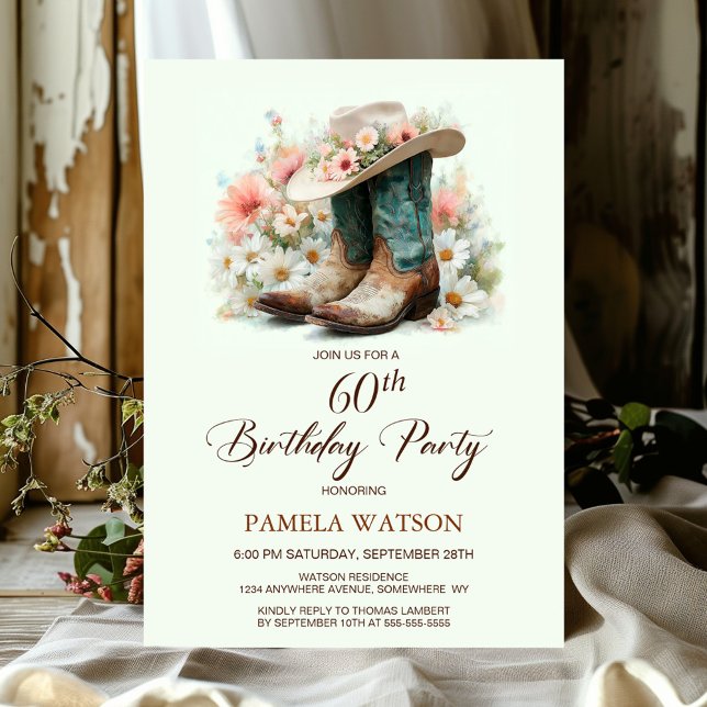 Invitation Bottes et chapeau de cowgirl pour 60e anniversaire (Créateur téléchargé)