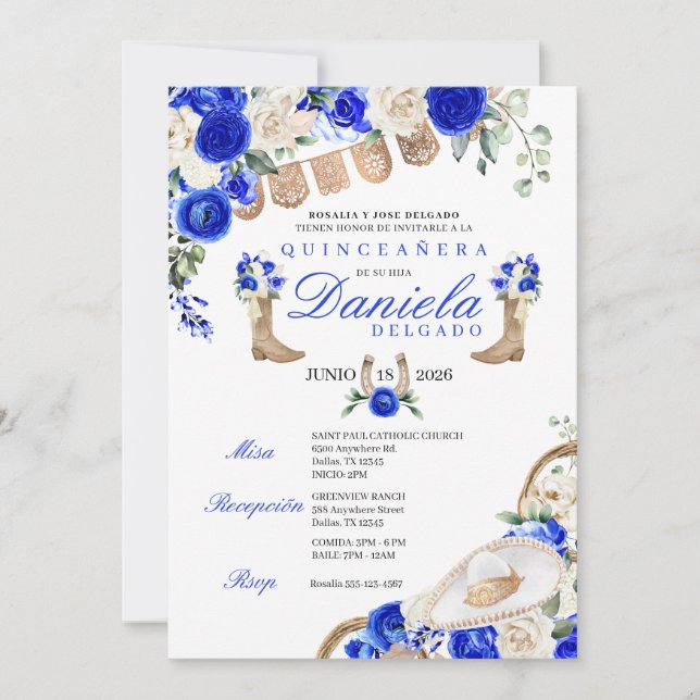 Invitation Bottes et cordes de cowgirl bleu Mariachi Quinceañ (Devant)