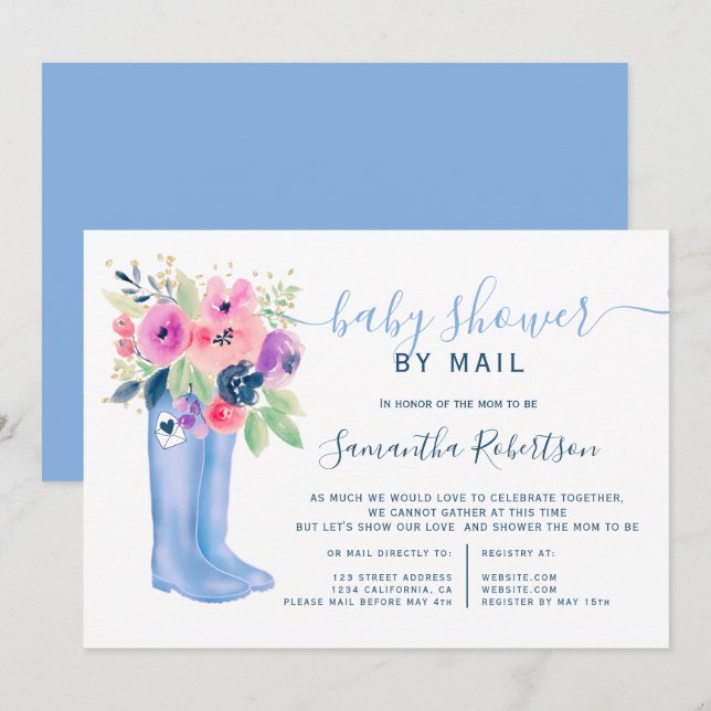 Invitation bottes florales aquarelle garçon baby shower par l (Devant / Derrière)