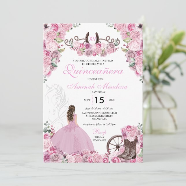 Invitation Bottes florales de Charra Ouest rose Quinceañera (Debout devant)