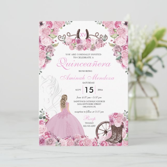Invitation Bottes florales de Charra Ouest rose Quinceañera (Debout devant)