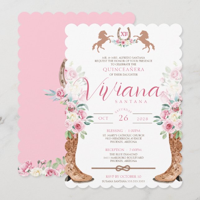 Invitation Bottes florales de roses roses occidentales Charro (Devant / Derrière)