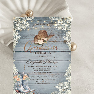 Invitation Bottes florales en dentelle bleues pour Quinceañer