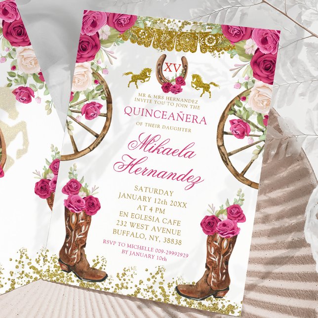 Invitation Bottes florales Quinceañera rose occidentale Fuchs (Créateur téléchargé)