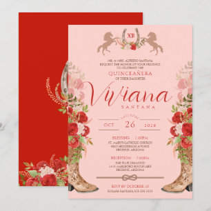 Invitation Bottes florales Roses rouges Charra Quinceanera Ou