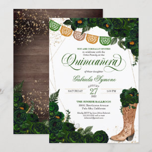 Invitation Bottes Occidentales Green Floral Charro Quinceaner