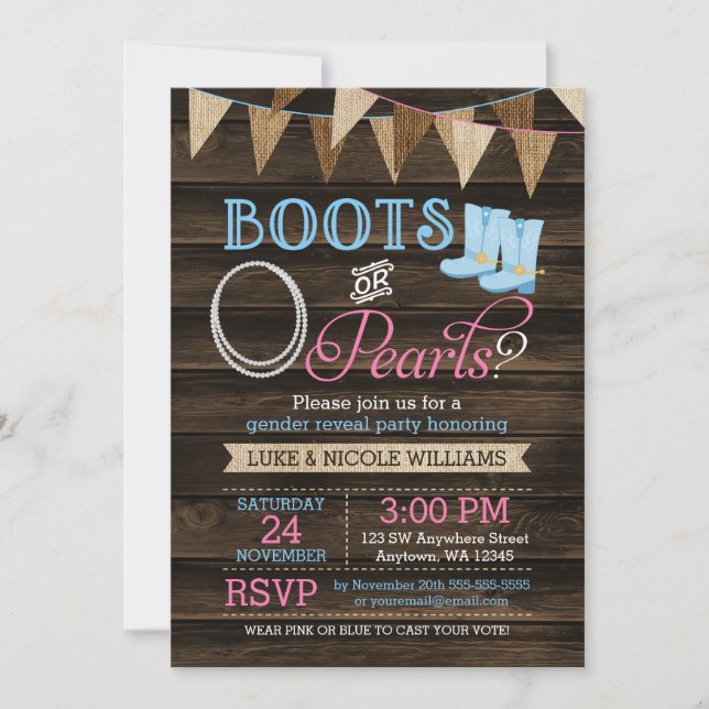 Invitation Bottes ou perles rustiques Baby shower de révélati (Devant)