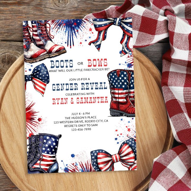 Invitation Bottes ou vaches 4 juillet Révélation Occidentale  (Western Cowboy Boots or Bows Red White and Blue Gender Reveal Invitation)