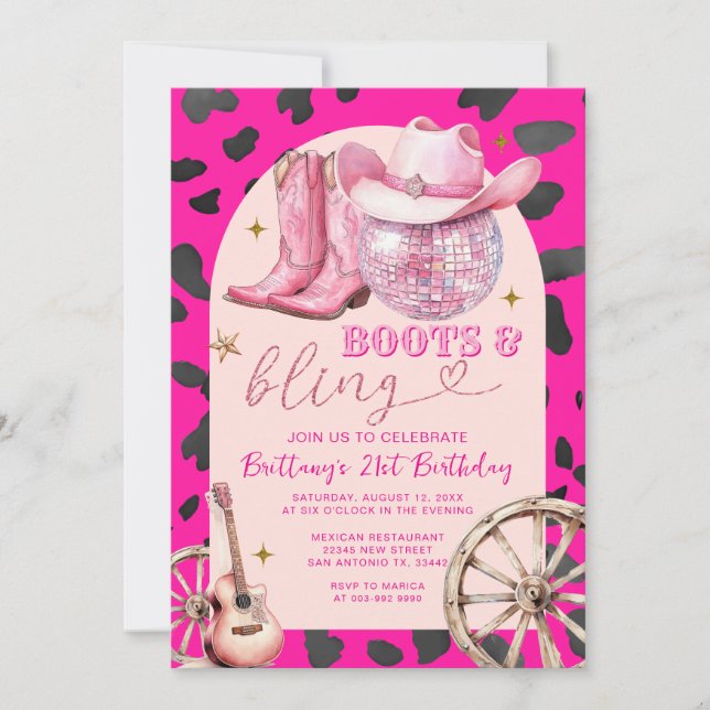 Invitation Bottes roses et bottes de bling Cowboy Anniversair (Devant)