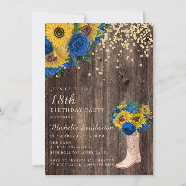 Invitation Bottes Roses russes bleu tournesol 18e anniversair (Devant)