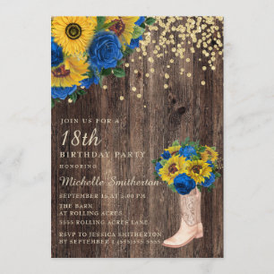 Invitation Bottes Roses russes bleu tournesol 18e anniversair