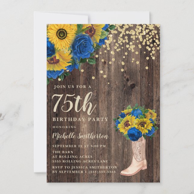 Invitation Bottes Roses russes bleu tournesol 75e anniversair (Devant)