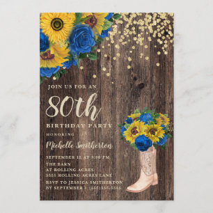 Invitation Bottes Roses russes bleu tournesol 80e anniversair
