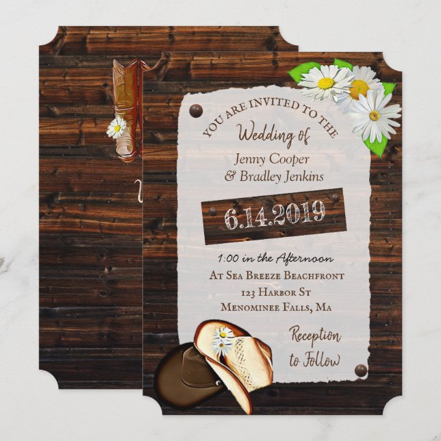 Invitation Bottes rustiques, Casquettes et Mariage de marguer (Devant / Derrière)