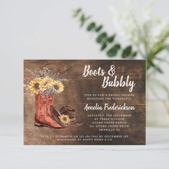Invitation Bottes rustiques Cowboy & Fête des mariées Bubbly (Debout devant)