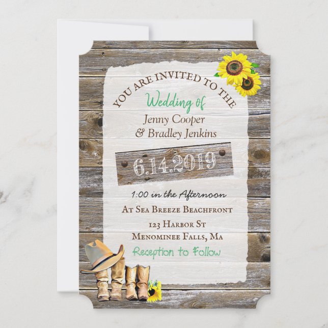 Invitation Bottes rustiques de cowboy et Mariage de tournesol (Devant)
