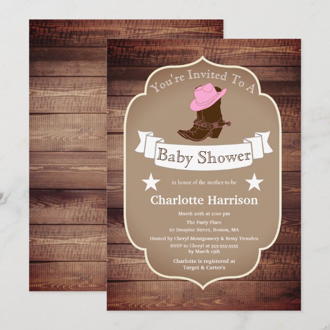 Invitation Bottes rustiques de cowgirl et Baby shower en bois (Devant / Derrière)