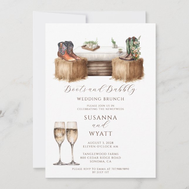 Invitation Bottes Rustiques Et Brunch Mariage Bubbly (Devant)