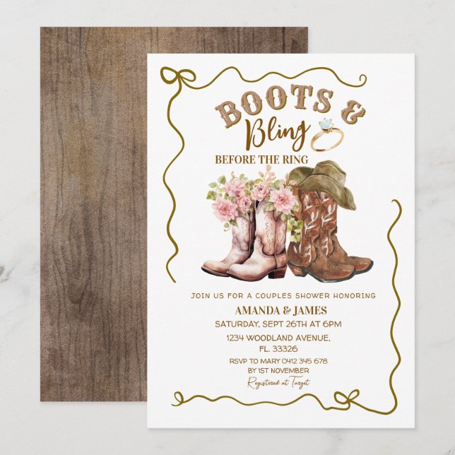 Invitation Bottes rustiques et paillettes pour une fête préna (Devant / Derrière)