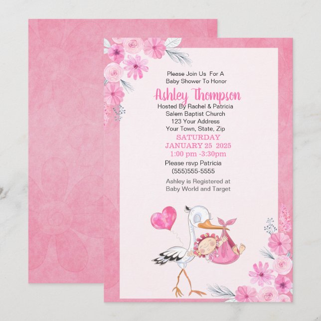 Invitation Bouche et aquarelle Fleurs Filles Baby shower (Devant / Derrière)