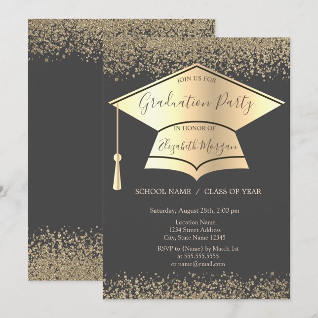 Invitation Bouchon de diplôme d'or, Diamètre Gris Graduation (Devant / Derrière)