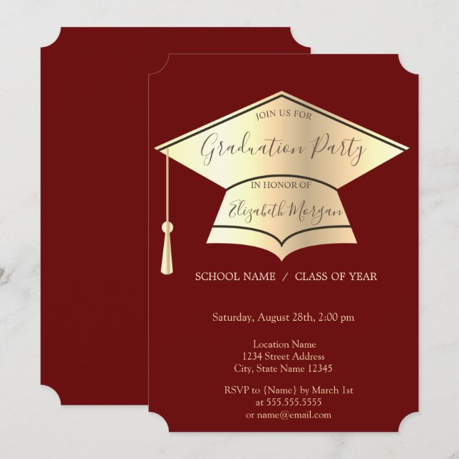 Invitation Bouchon de diplôme d'or, Graduation rouge (Devant / Derrière)