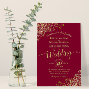 Invitation Boucles d'or et de Bourgogne Élégant Mariage de ca