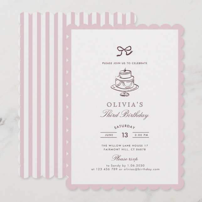 Invitation boue rose poussiéreuse, rose rayé | Inv. d'anniver (Devant / Derrière)