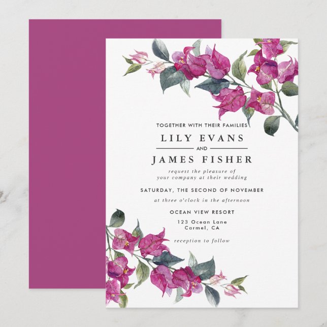Invitation Bougainvillea Bourgogne Mariage rose (Devant / Derrière)
