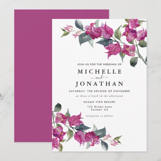Invitation Bougainvillea Bourgogne Mariage rose (Devant / Derrière)